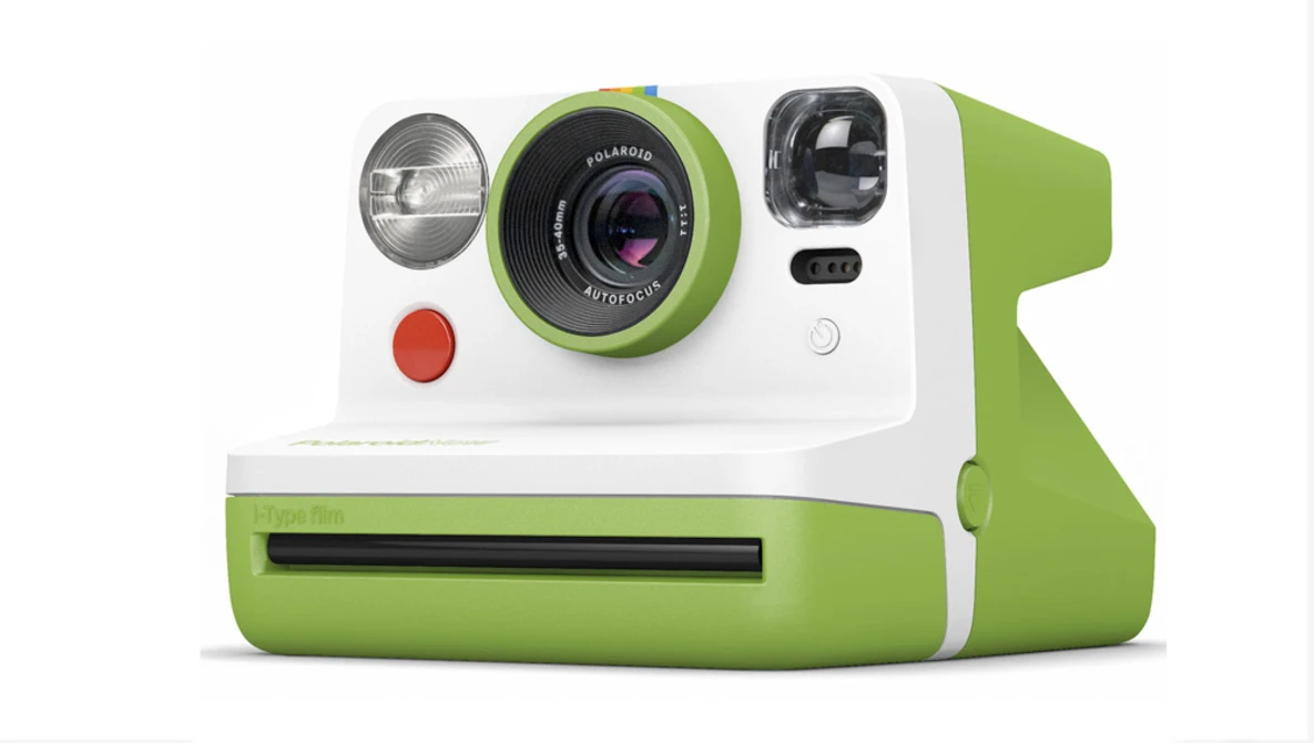 Polaroid Now Gen 2 instant camera in lime green and white with circular lens and red shutter button.