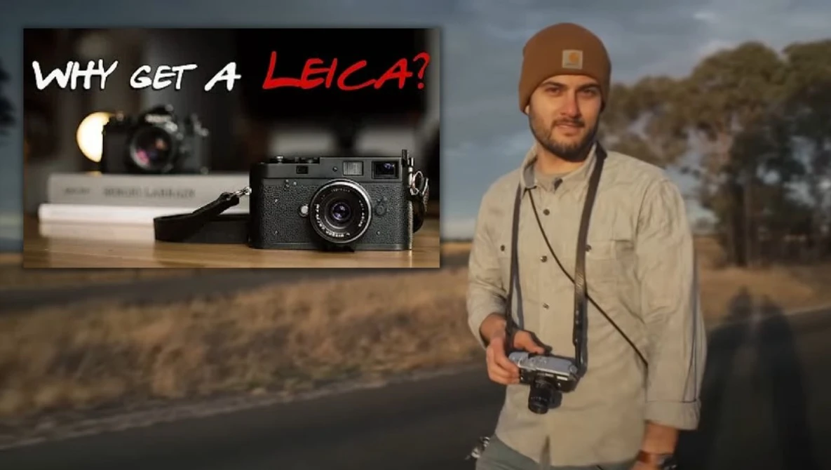 Photographer holding a rangefinder camera in a desert landscape with an inset graphic about Leica cameras.
