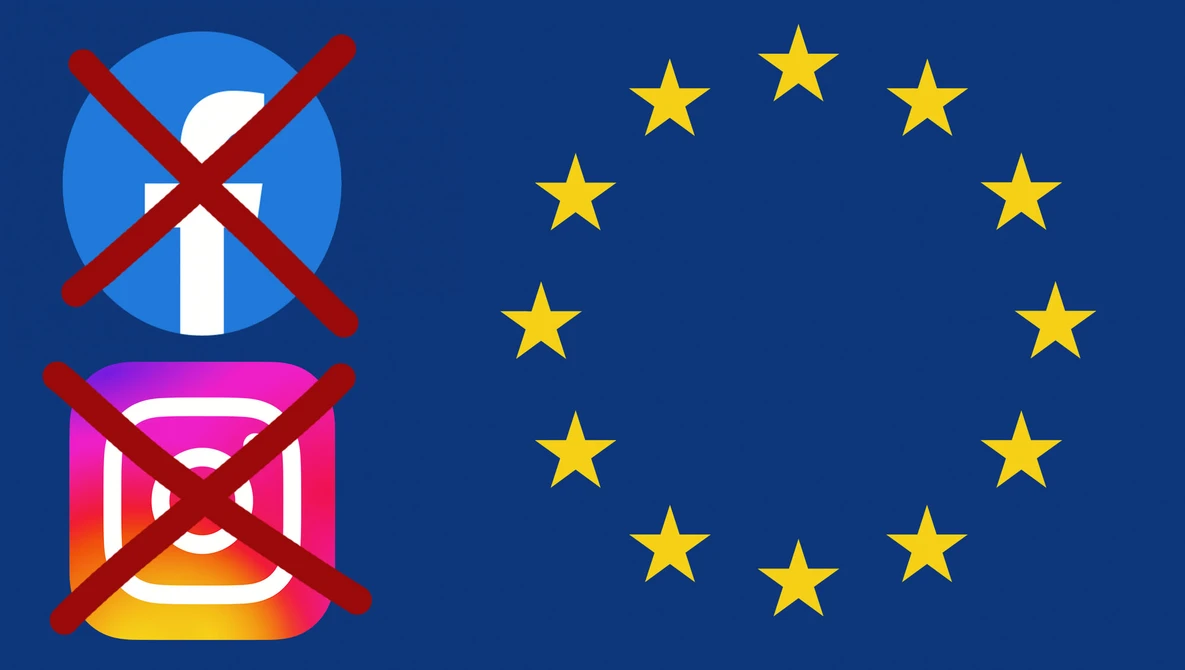 Illustration of EU flag with crossed-out symbols for wind and solar power generation.