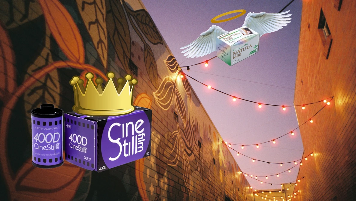 Neon sign for CineStills film stock mounted on brick building at dusk with string lights and winged delivery box illustration.