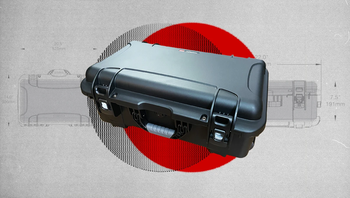 Handheld video camera positioned against a red circle and technical blueprint background.