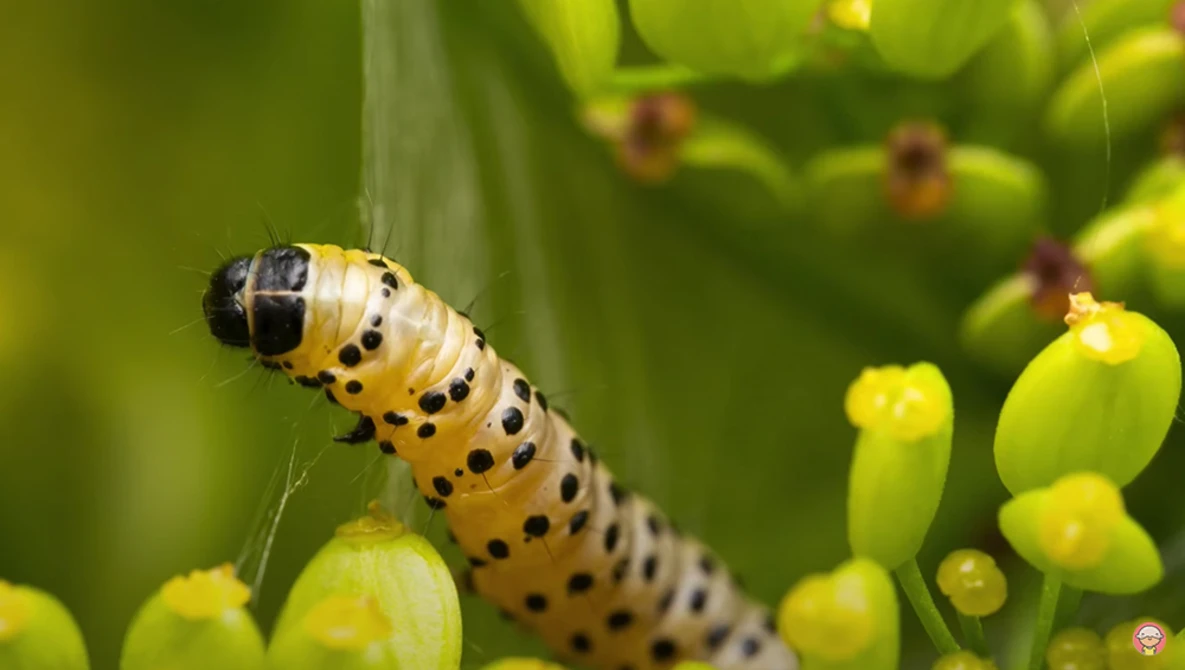 Yellow and black spotted caterpillar on green plant buds in macro photography.