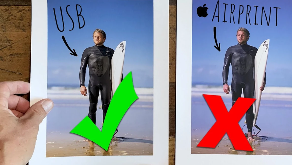 Comparison graphic showing a surfer with surfboard on a beach with USB label and green checkmark versus Apple Airprint label and red X.