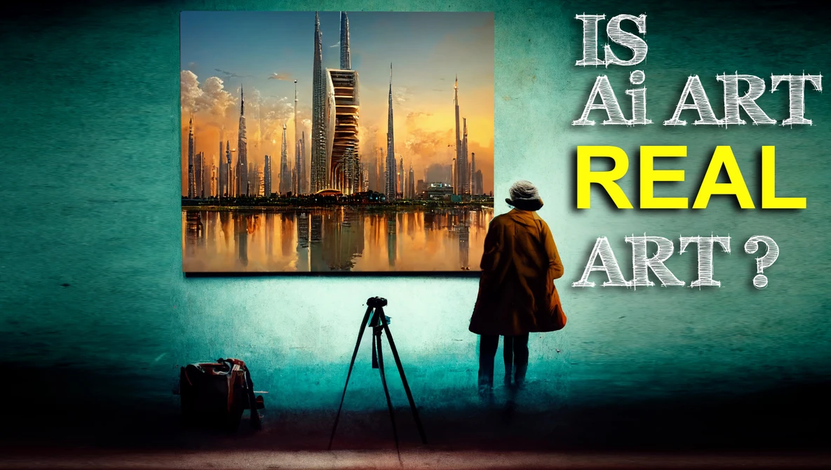 Photographer viewing a digital cityscape image on a wall displaying a futuristic metropolis at sunset.