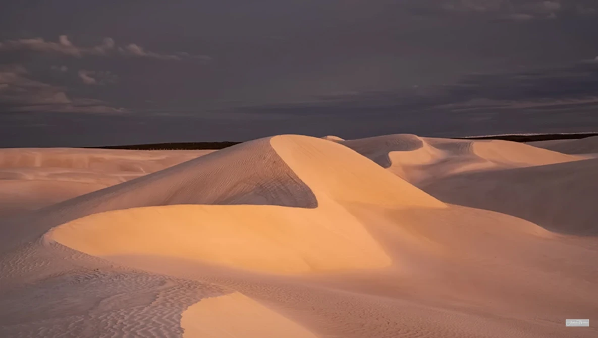 Sand dunes with smooth curves illuminated by golden hour sunlight against a dark stormy sky.