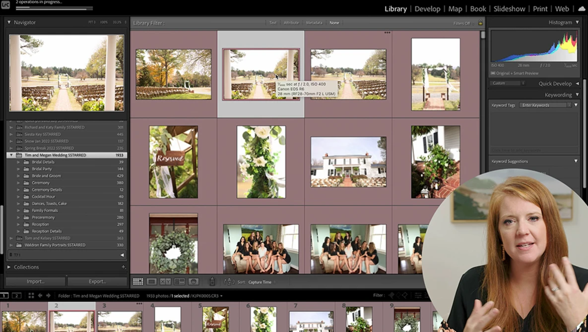 Screenshot of Lightroom Library module displaying wedding photography contact sheets with outdoor and indoor venue images.