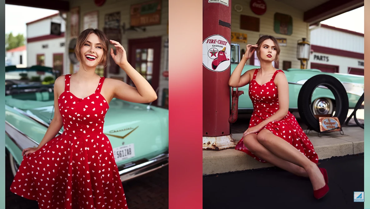Woman in red polka dot dress posing at vintage gas station with turquoise car and fuel pump.