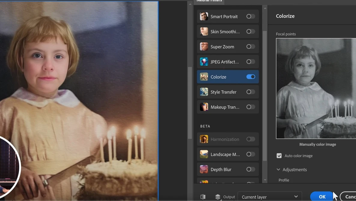 Screenshot of photo editing software showing colorize tool interface with before and after comparison of a child's portrait.