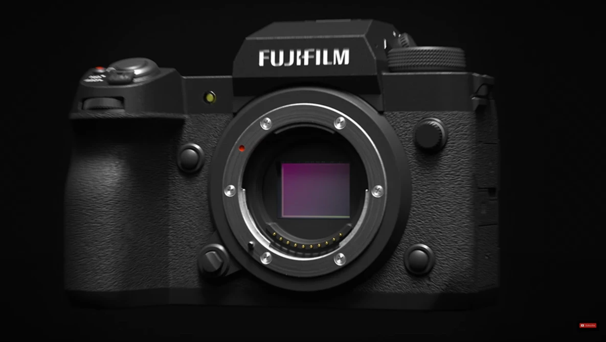 Fujifilm GFX mirrorless camera body with lens mount exposed against black background.