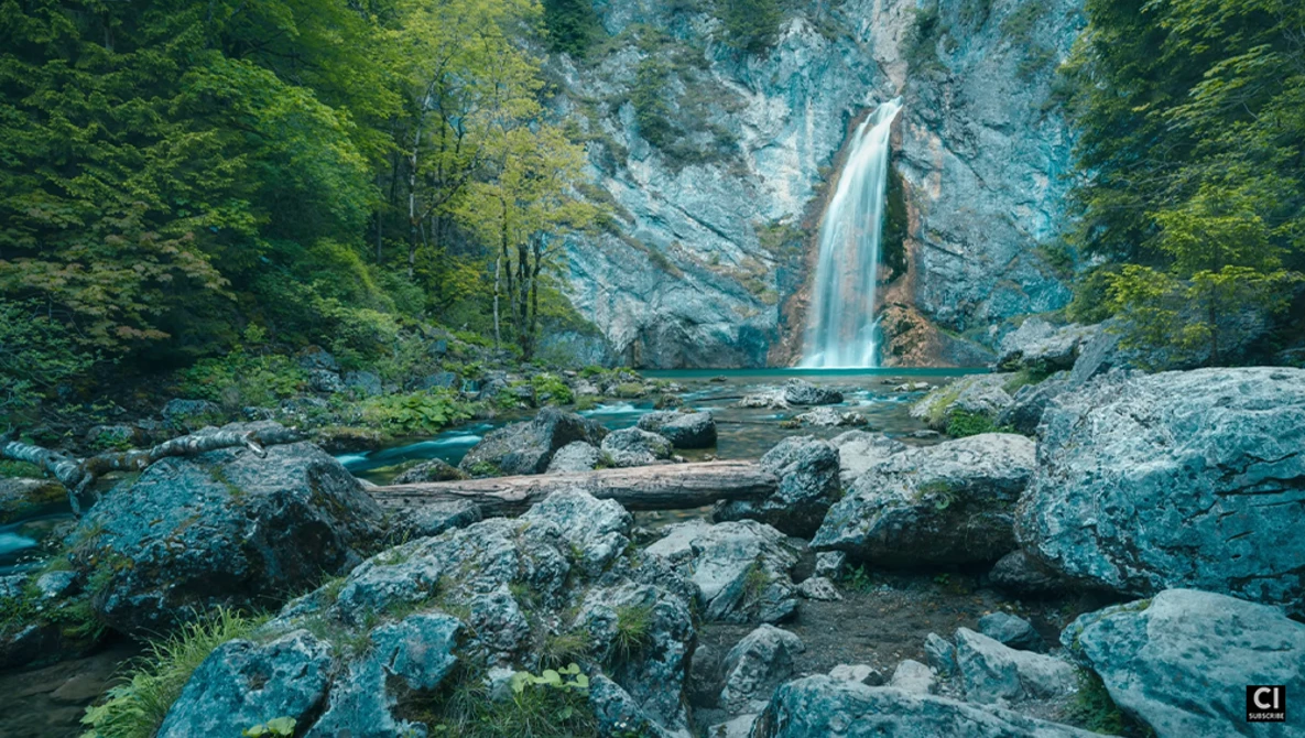 Waterfall cascading down a rocky cliff face surrounded by dense green forest and large boulders in foreground.