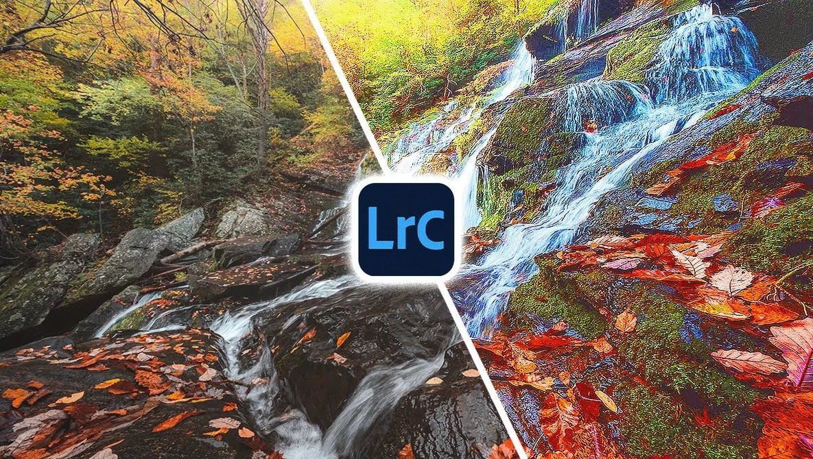 Adobe Lightroom Classic logo overlaid on a split-screen comparison of a forest waterfall scene with vibrant autumn foliage.