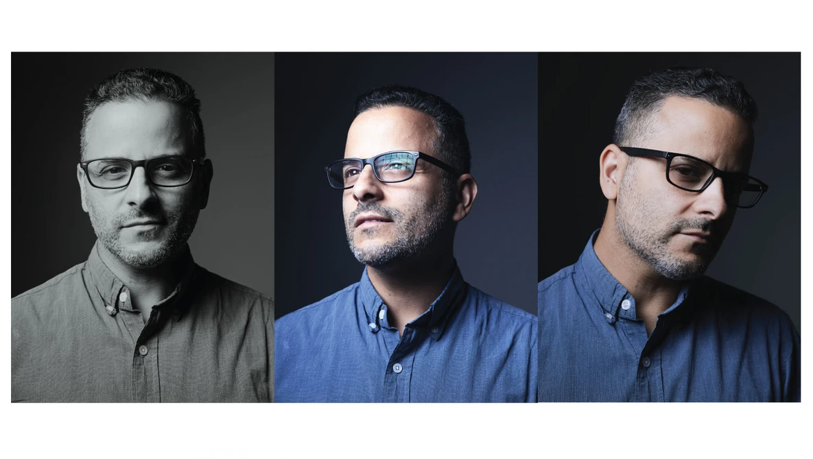 Three men wearing glasses and button-up shirts in separate portrait photos with dark backgrounds.