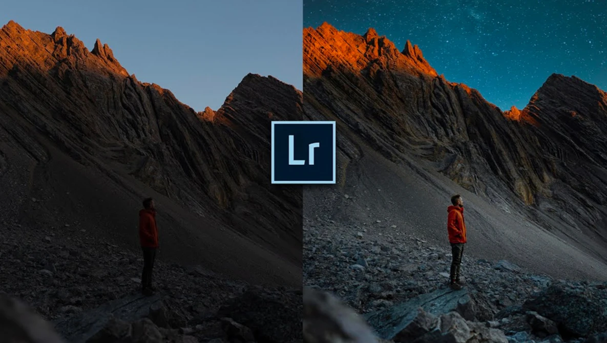 Side-by-side comparison of the same mountain landscape scene showing daytime and night sky editing in Lightroom.