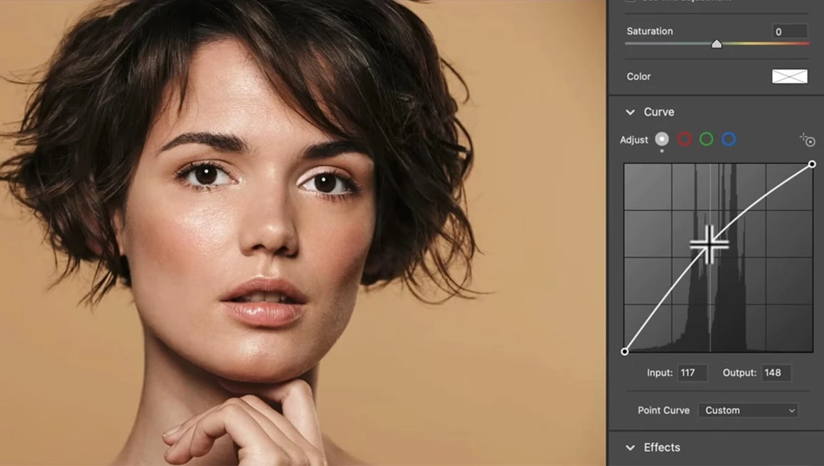 Screenshot of portrait retouching workflow showing curve adjustment interface in editing software.