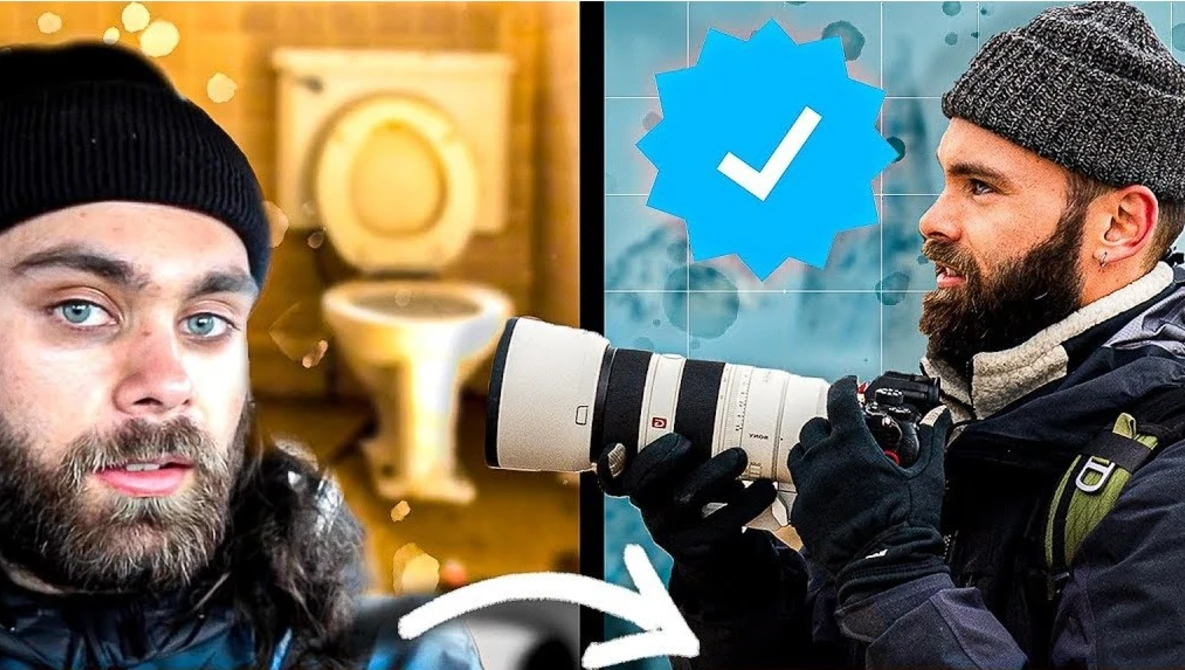 Side-by-side comparison of photographer's appearance before and after, with verified checkmark icon.