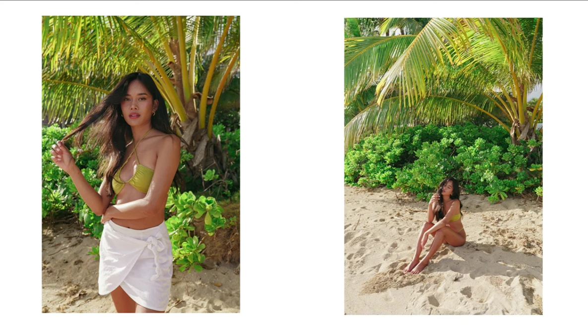 Two beach portrait photos of a woman posing near palm trees and tropical vegetation on sand.