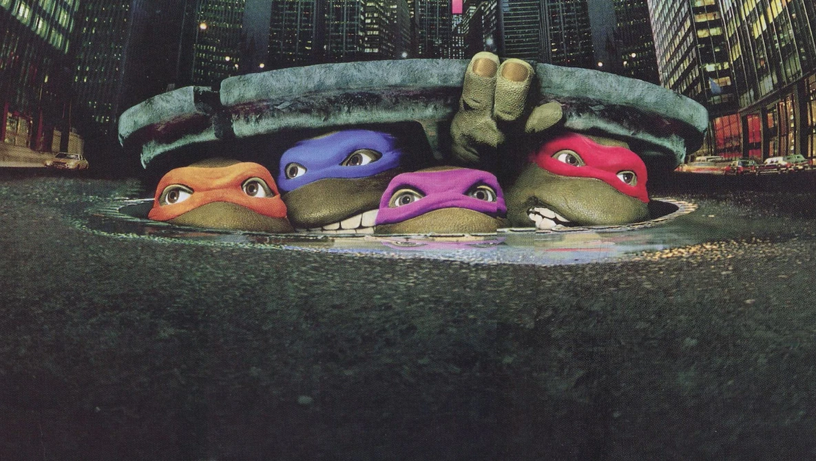 Illustration of four masked characters emerging from a sewer grate beneath a city skyline.