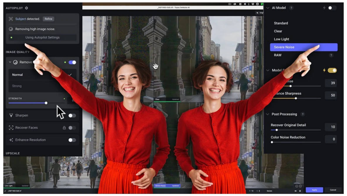 Screenshot of photo editing software showing mirrored portrait of woman in red dress with urban backdrop.
