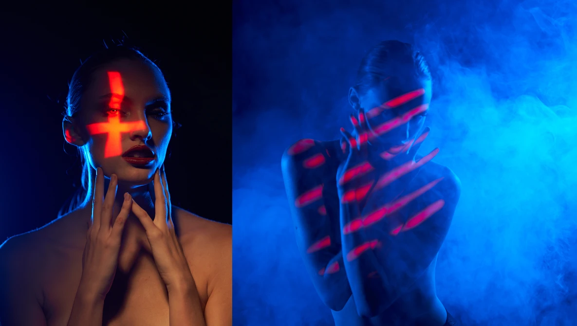 Split-screen portrait of a model with neon blue and red body paint and lighting against dark backgrounds.
