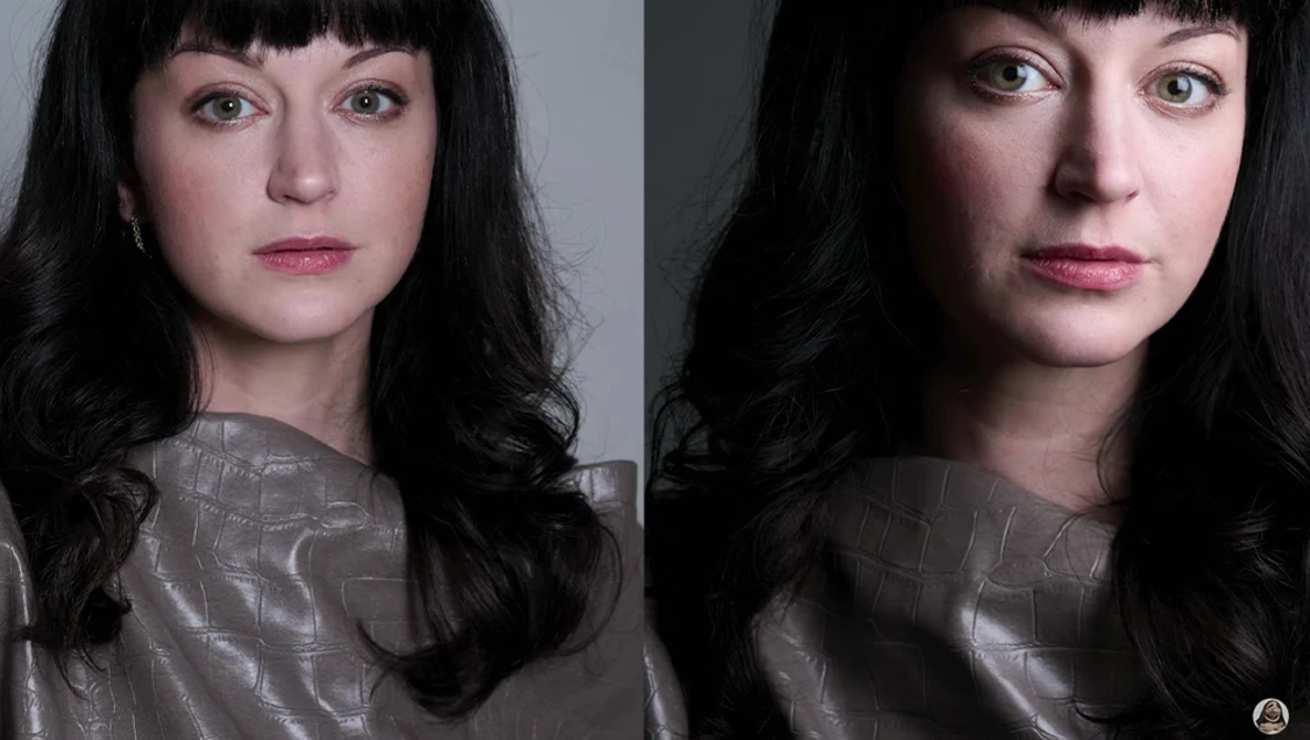 Portrait diptych showing a woman with black wavy hair in profile and three-quarter view against neutral backgrounds.