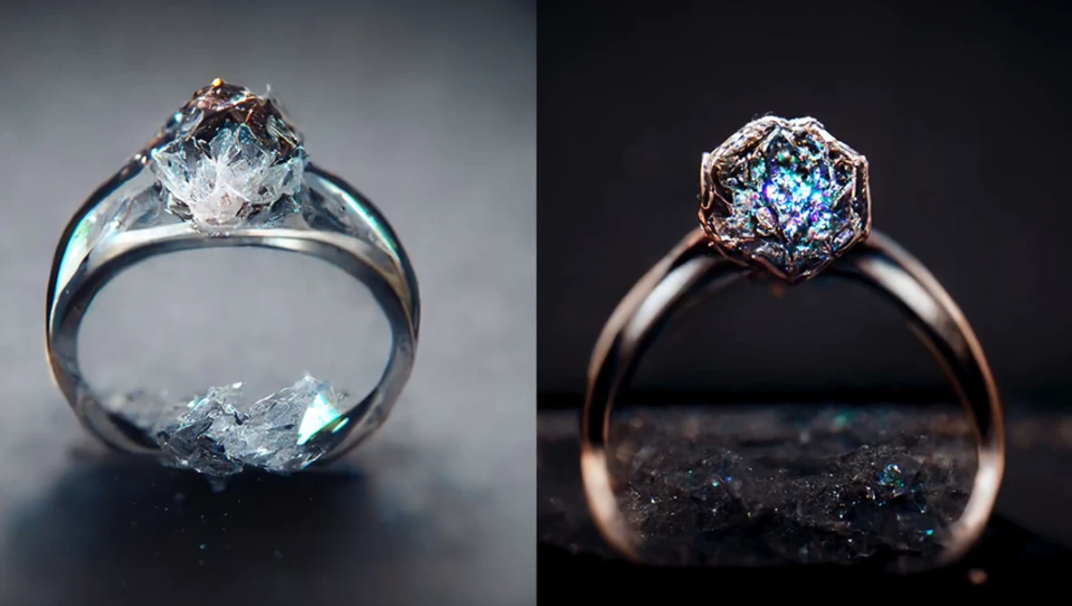 Two engagement rings with gemstone settings photographed against contrasting backgrounds.