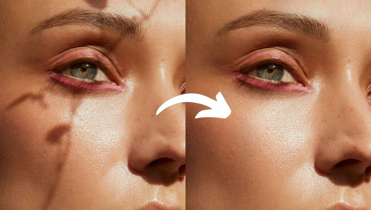Before and after comparison of eye area retouching showing reduced redness and smoothed skin texture.