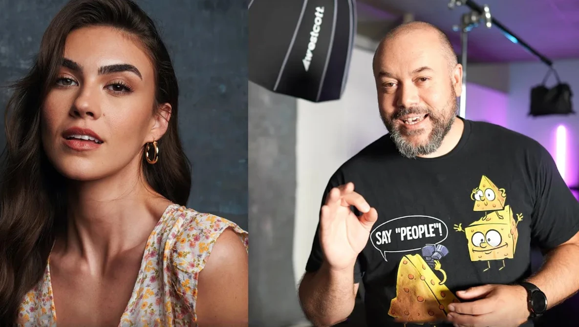 Side-by-side portrait comparison showing professional headshot lighting and studio setup techniques.
