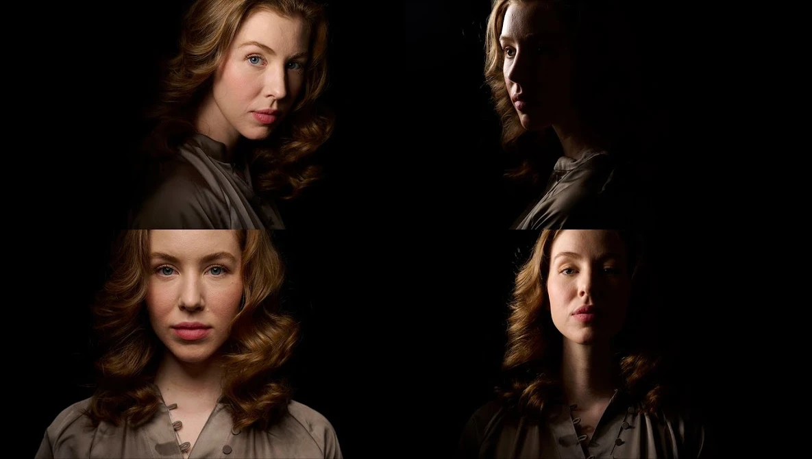 Four studio portraits of a woman with wavy auburn hair against a black background, shot from different angles.