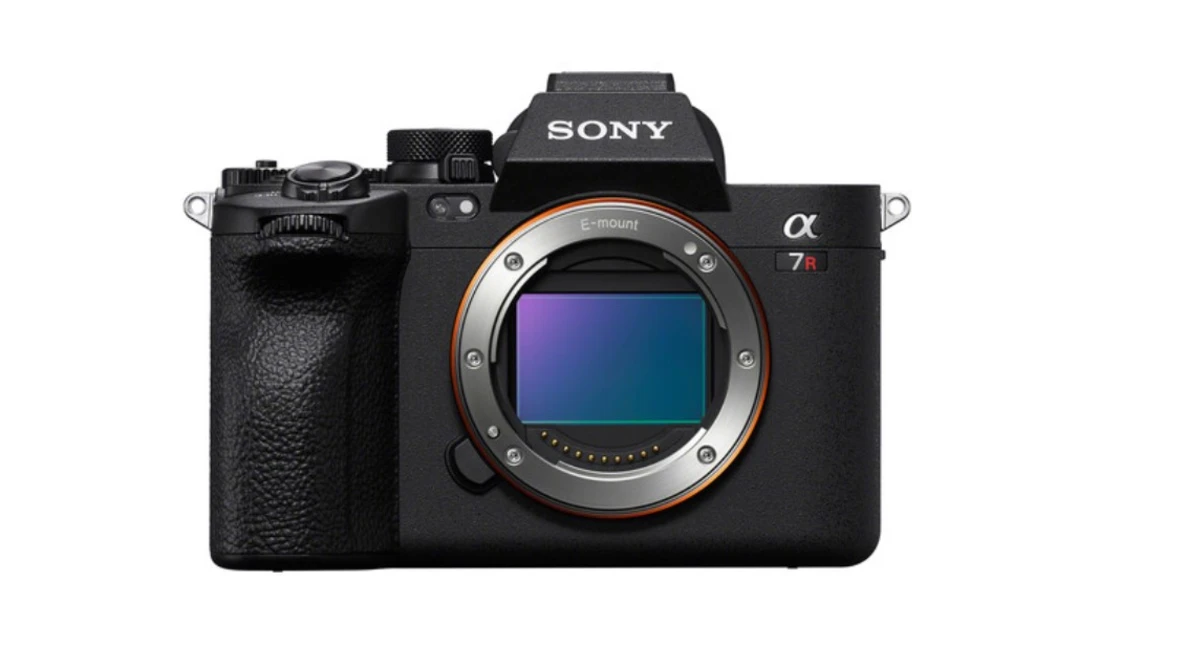 Sony Alpha a7r V mirrorless camera body front view with open sensor visible.