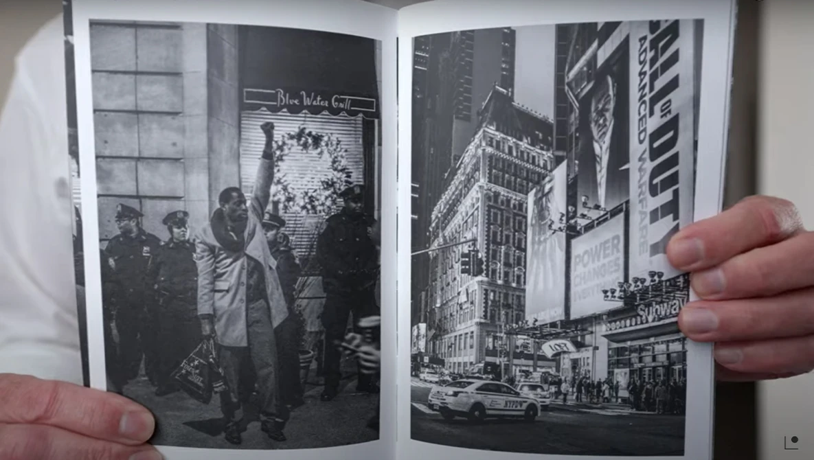Two open pages of black and white vintage photographs showing urban street scenes with buildings and crowds.