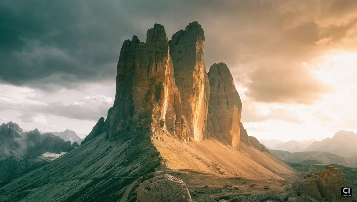 Dramatic mountain formation with vertical columnar peaks against a stormy sky with golden sunlight breaking through clouds.