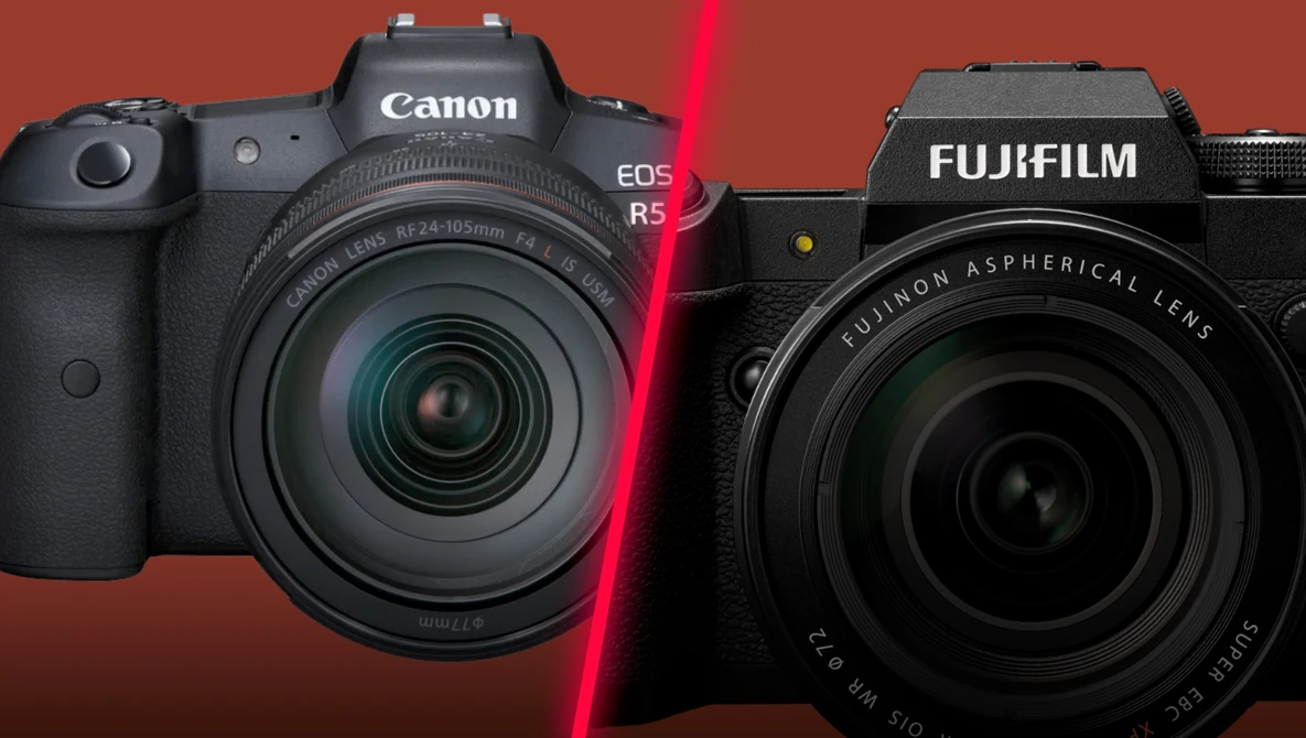 Canon EOS R5 and Fujifilm X-T5 cameras positioned side-by-side against a red background.