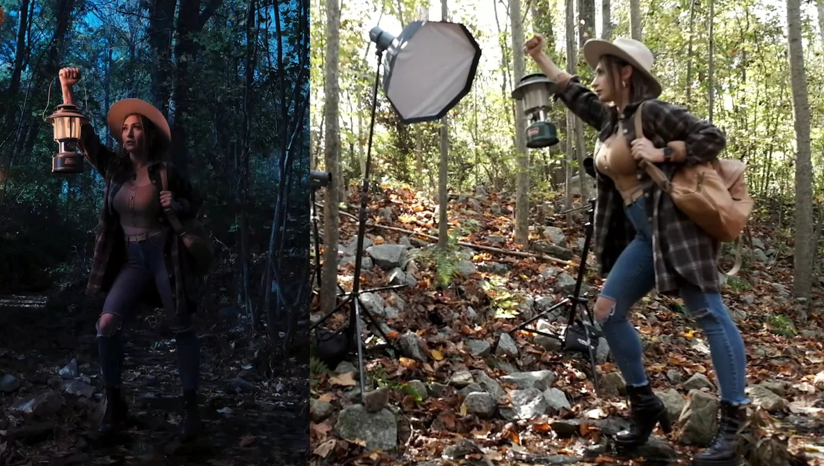 Behind-the-scenes forest photography shoot showing lighting setup and reflector positioning.