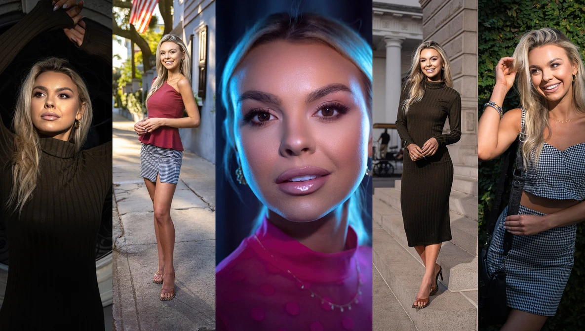 Portrait and lifestyle photography grid showing five different lighting styles and moods.