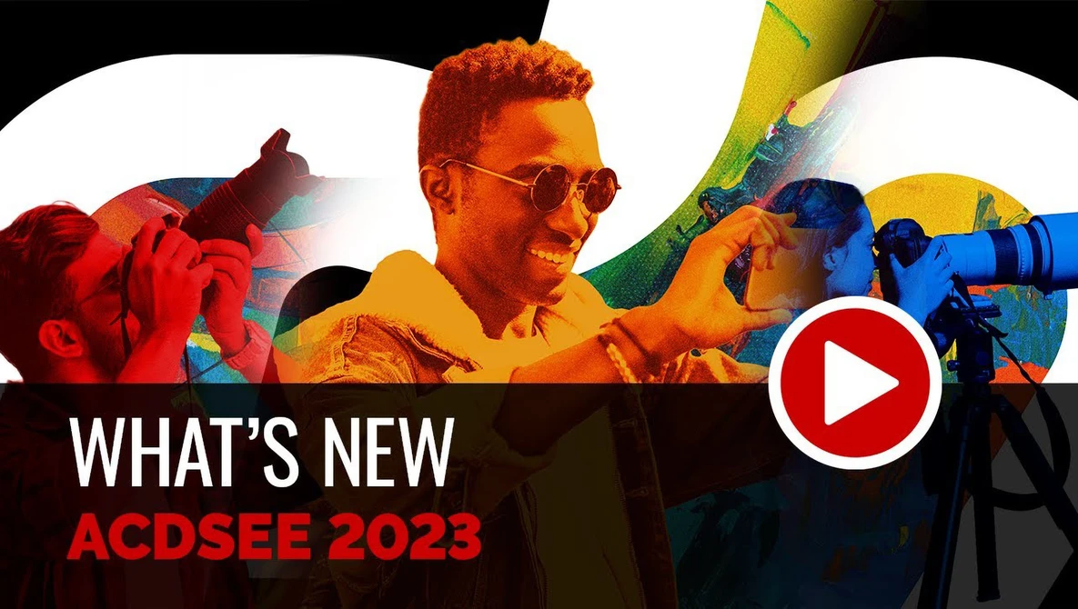 Graphic promoting ACDSEE 2023 with photographers and camera equipment in vibrant overlapping color filters.