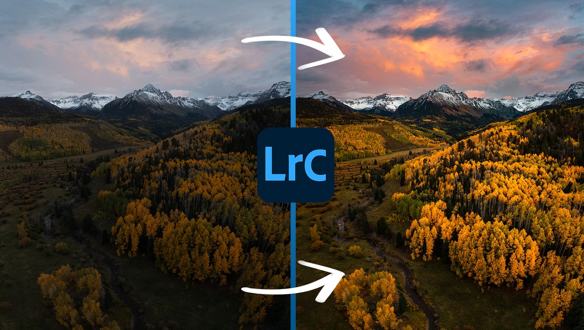 Graphic showing LRC software interface with split landscape image of golden larch forests and snow-capped mountains at sunset.