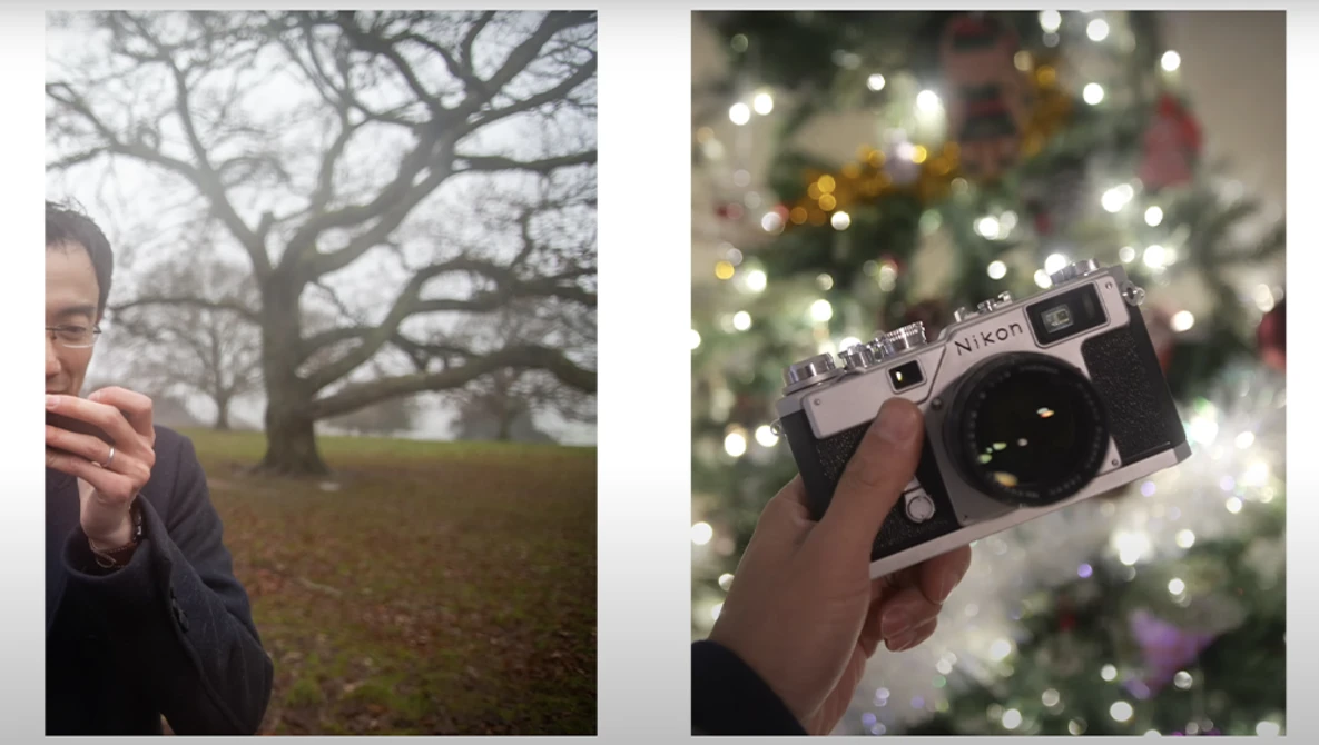 Split-screen composition showing a vintage rangefinder camera held up to a blurred Christmas tree, and a person photographing bare trees in winter landscape.