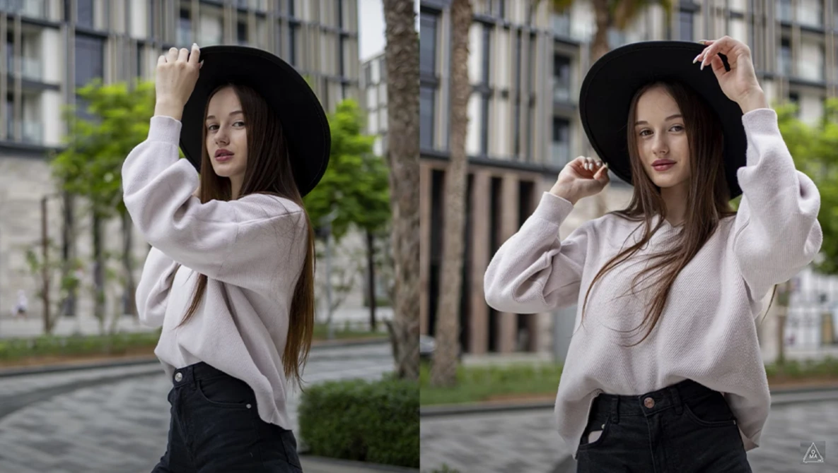 Woman in white shirt and black hat posing in urban plaza, shown in side-by-side comparison shots.