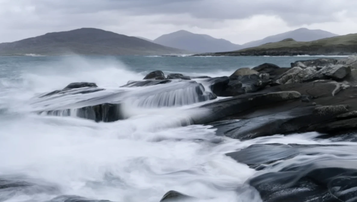Waves crash over dark rocks along a rocky coastline with mountains in the distant background.