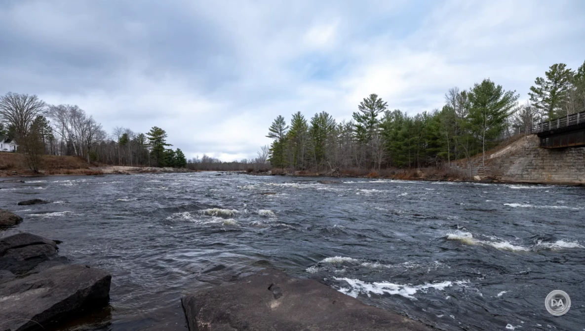 Fast-moving river with white water rapids flowing through a forested landscape on an overcast day.