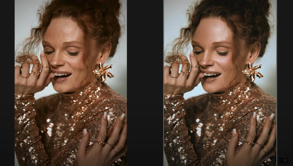 Side-by-side comparison of portrait retouching showing a woman in gold sequined clothing with styled hair and makeup.