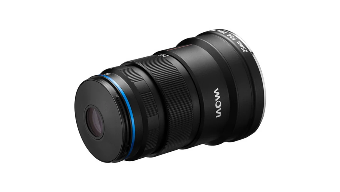 Laowa ultra-wide angle lens with blue accent ring and focus helicoid visible.