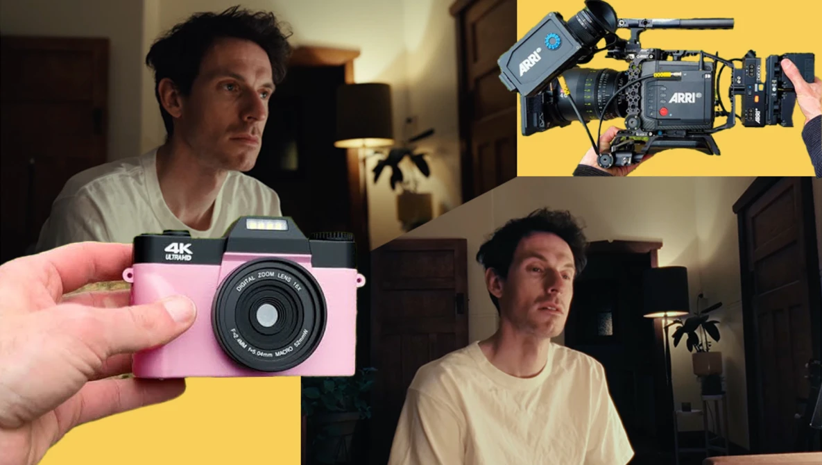 Hand holding a pink 4K instant camera against a yellow background.