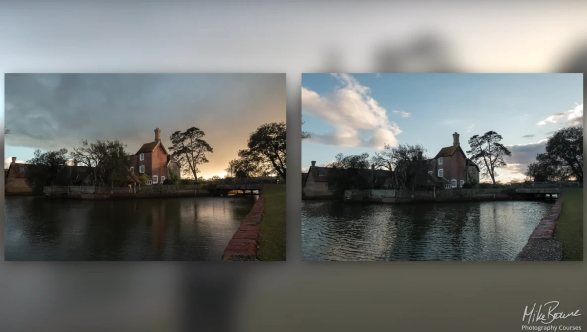 Before and after comparison of a waterside brick building at sunset and daytime with clouds.