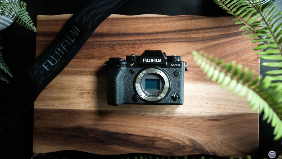 Fujifilm X-T5 mirrorless camera body displayed on wooden surface with fern plants and camera strap.