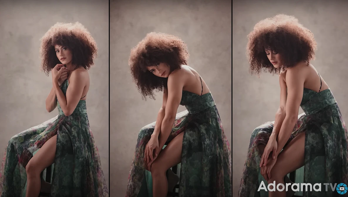 Woman with voluminous curly hair in green patterned fabric, posed in three sequential frames against neutral background.