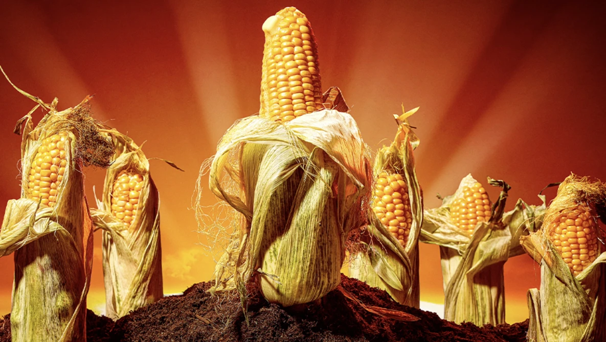 Corn stalks with bright yellow ears arranged dramatically against a warm, glowing orange and red sky with radiating light rays.