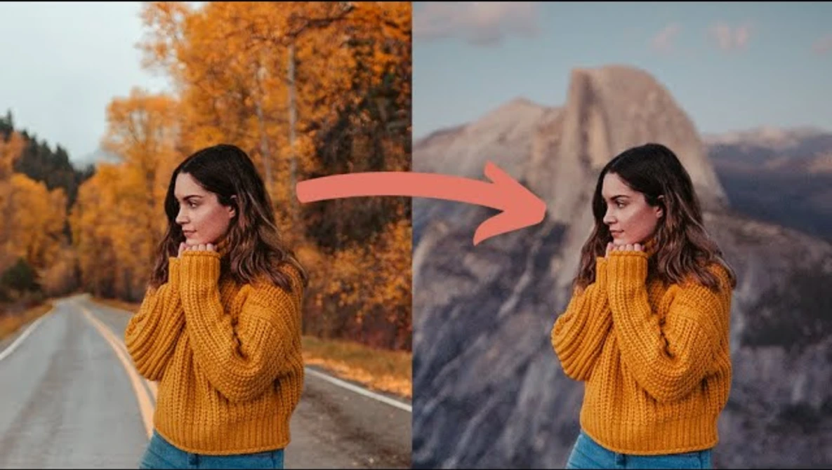 Woman in yellow ribbed sweater shown before and after background replacement editing.