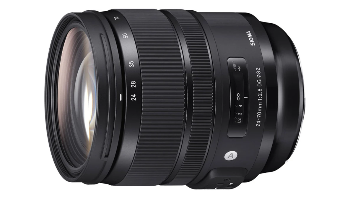Sigma 24-70mm f/2.8 DG HSM Art lens with focus ring and AF/MF switch visible against white background.