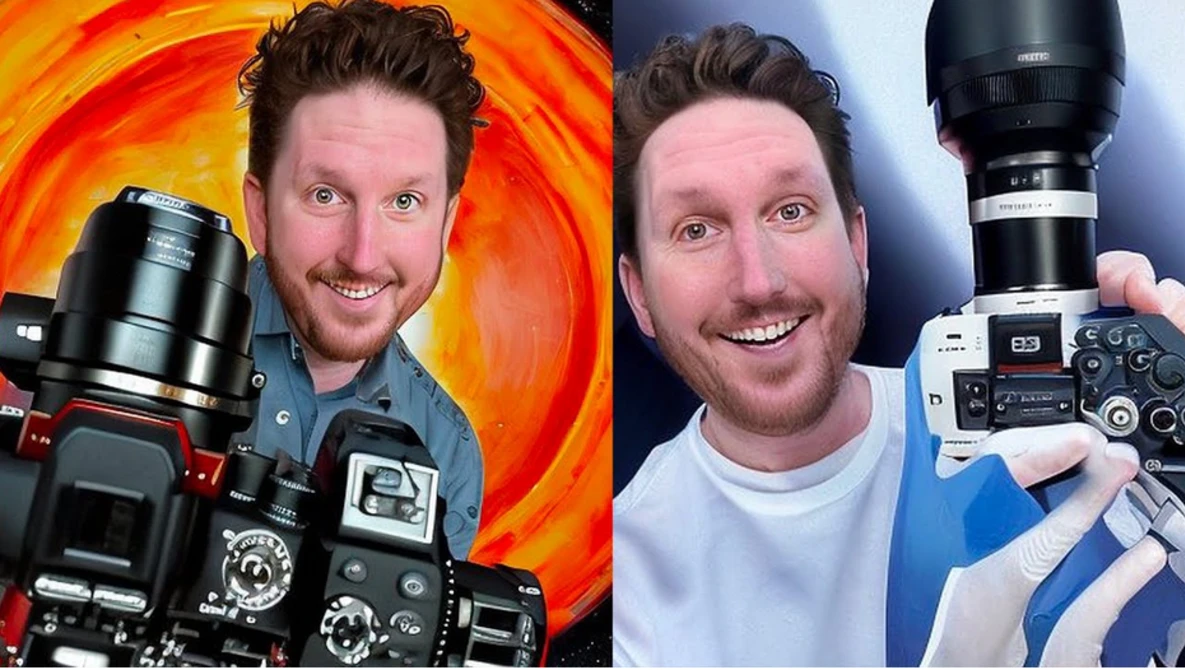 Photographer holding professional cinema camera with telephoto lens against warm-toned backdrop.